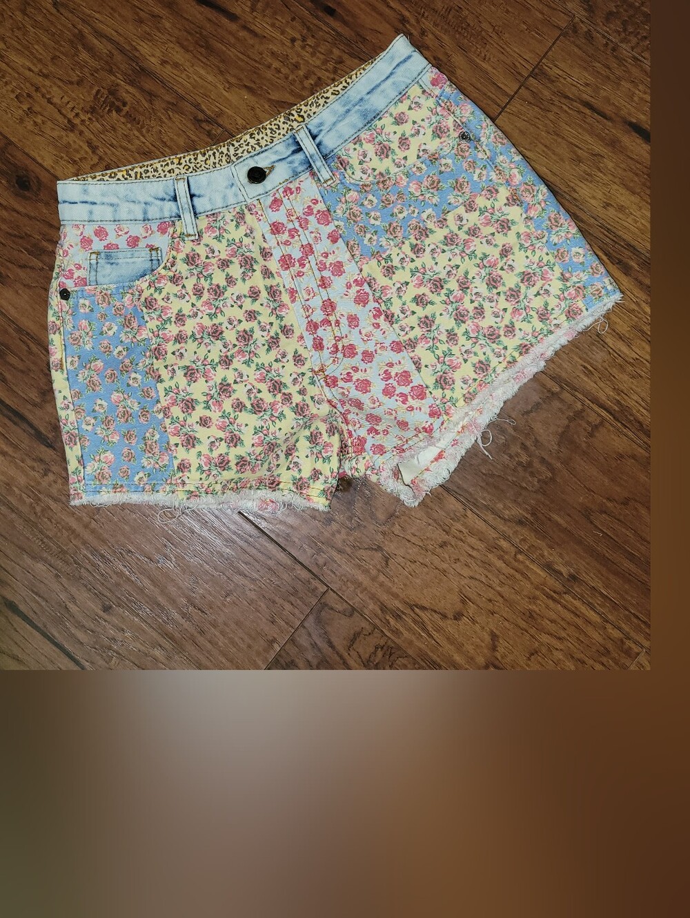 Anthropologie Patchwork Floral Denim Shorts - Blue, Yellow, Pink